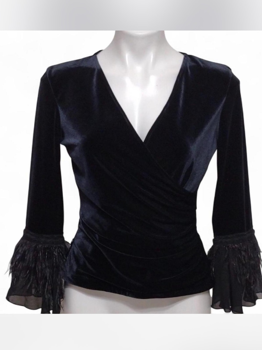 Cachet Black Velvet Wrap Top with Feathered Bell Sleeves